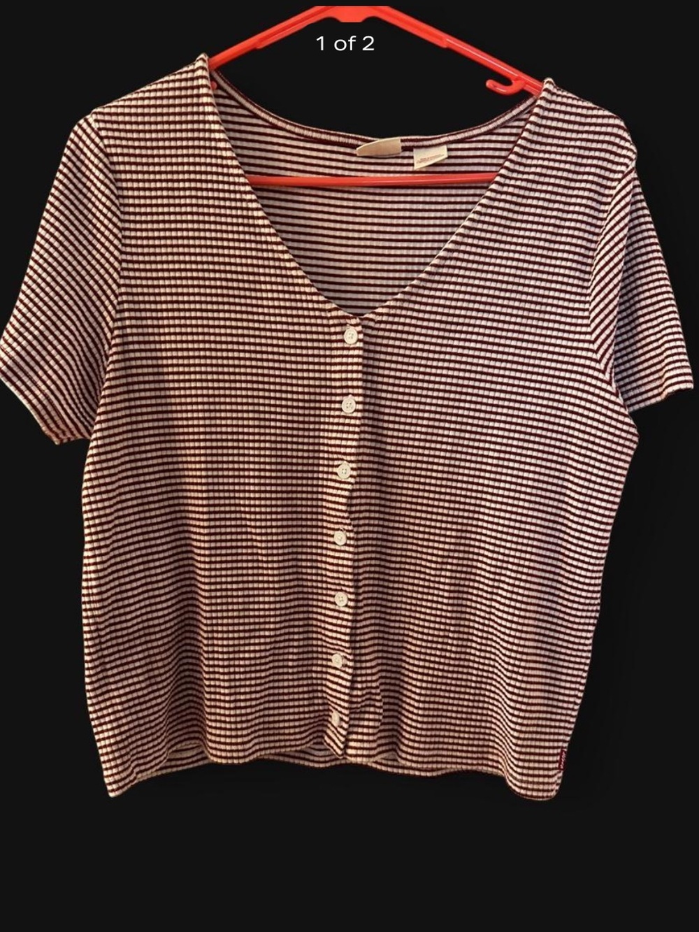 Levi’s Striped Button-Front Short Sleeve Top — Maroon & White